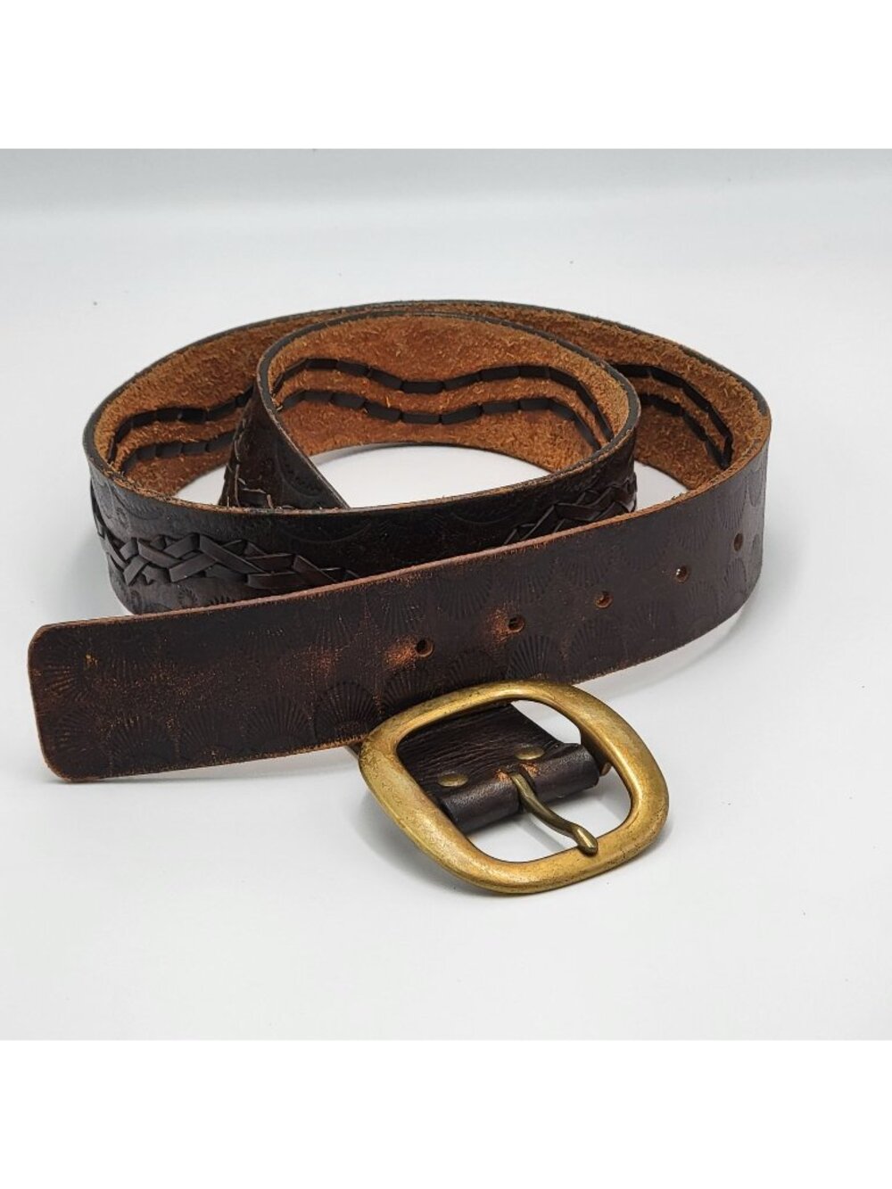 Vtg Y2k J.Crew Tooled Leather Belt With Brass Buckle Dark Brown  Unisex Size 38
